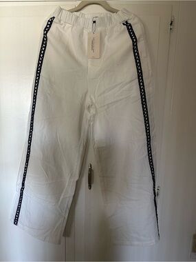 White Wide-Leg Pants with Black Lace Side Trim